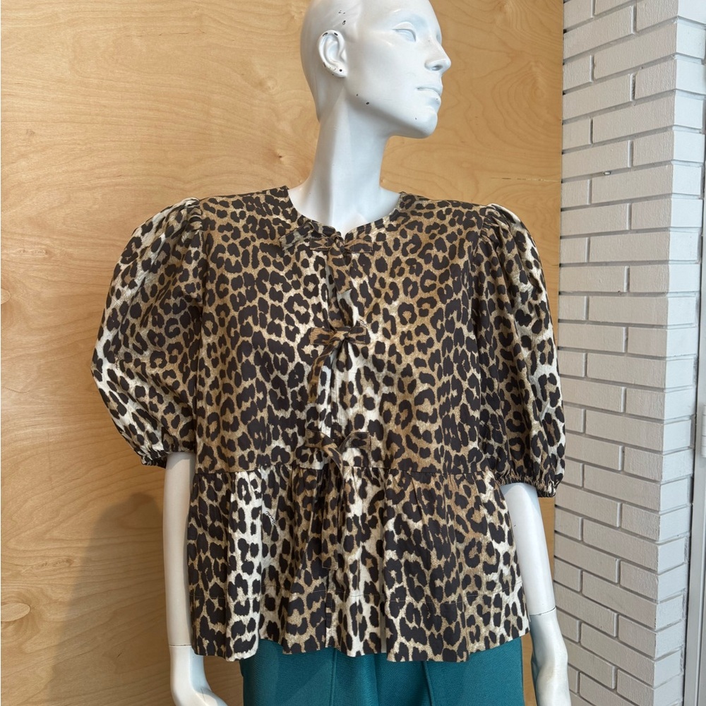 Ganni Leopard Print Puff Sleeve Blouse